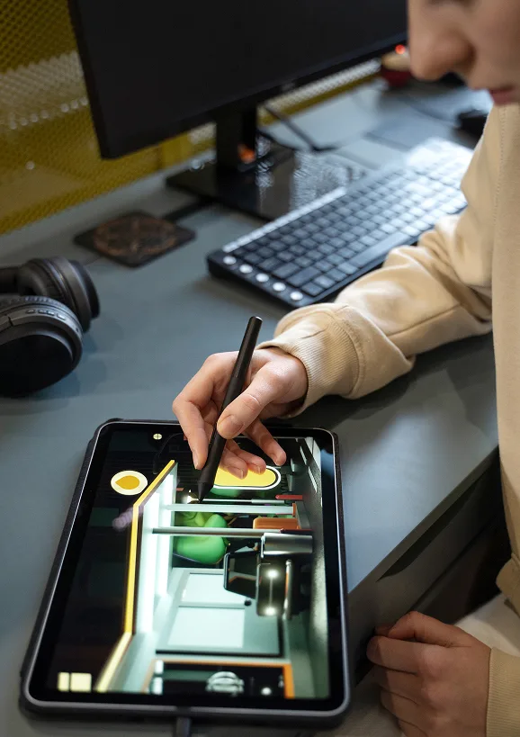 Person interacting with tablet and design interface—operational complexity and decision latency
